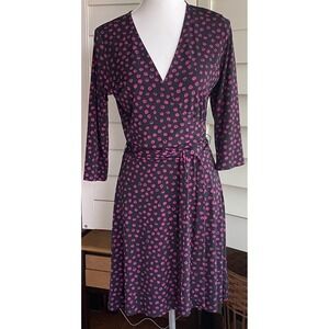 Leota Faux Wrap Dress M Stretch Black Dots Polyester Spandex 3/4 Sleeve USA made